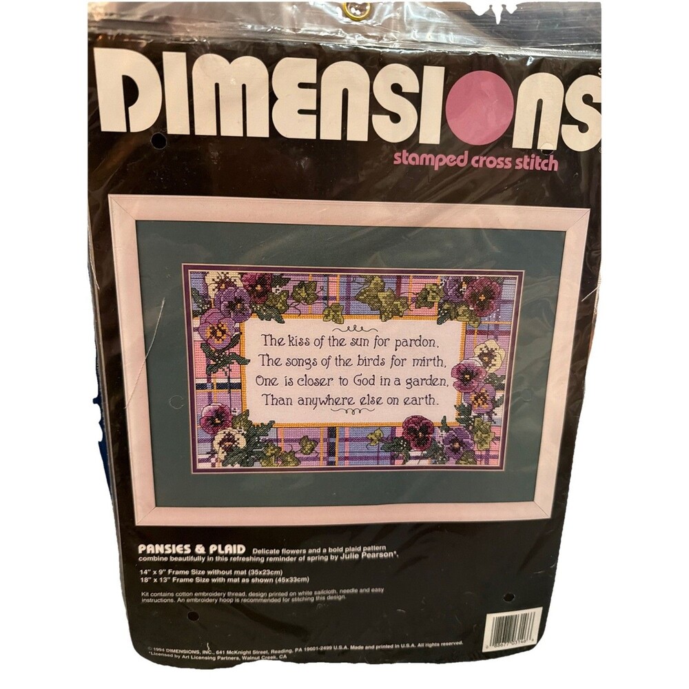Dimensions Pansies & Plaid stamped Cross Stitch Kit 14"x 9" 3146 New Sealed